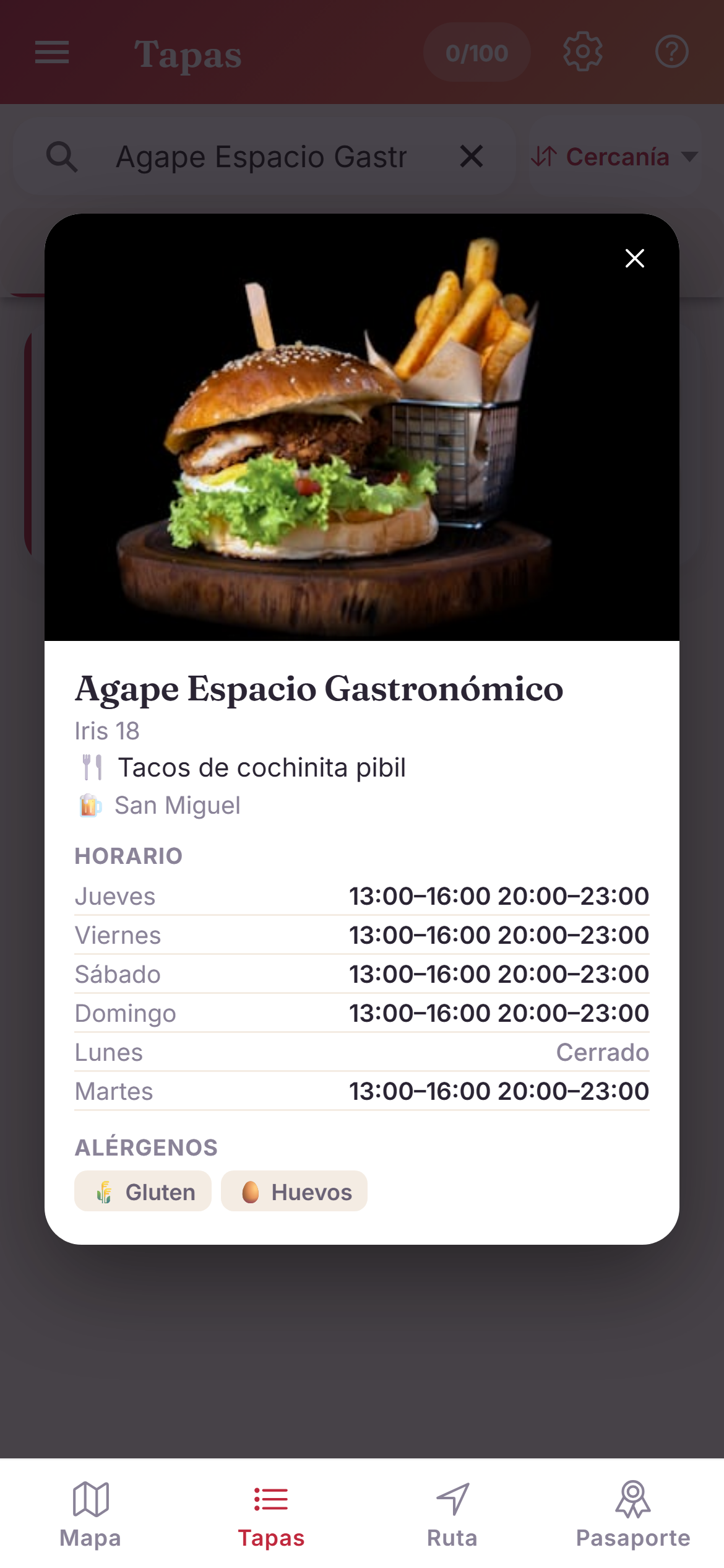 Ficha de un bar con su tapa, horario y alérgenos