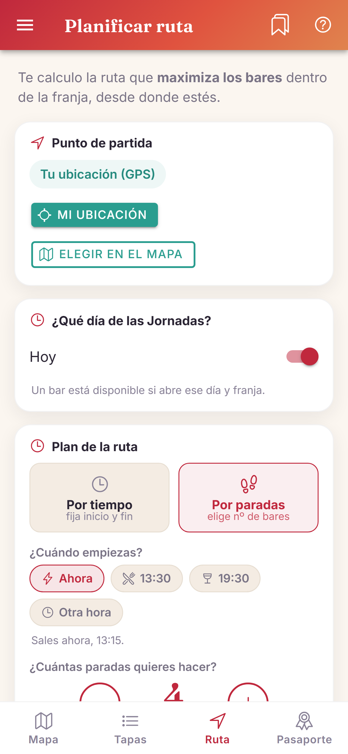 Formulario de la ruta: punto de partida, día, hora y ritmo