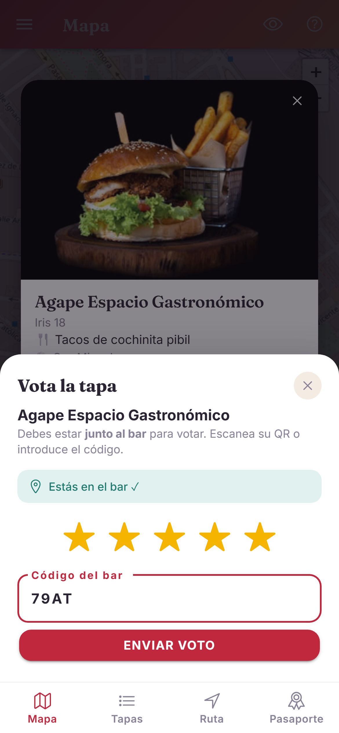 Votación de la tapa con estrellas, ubicación verificada y código del bar